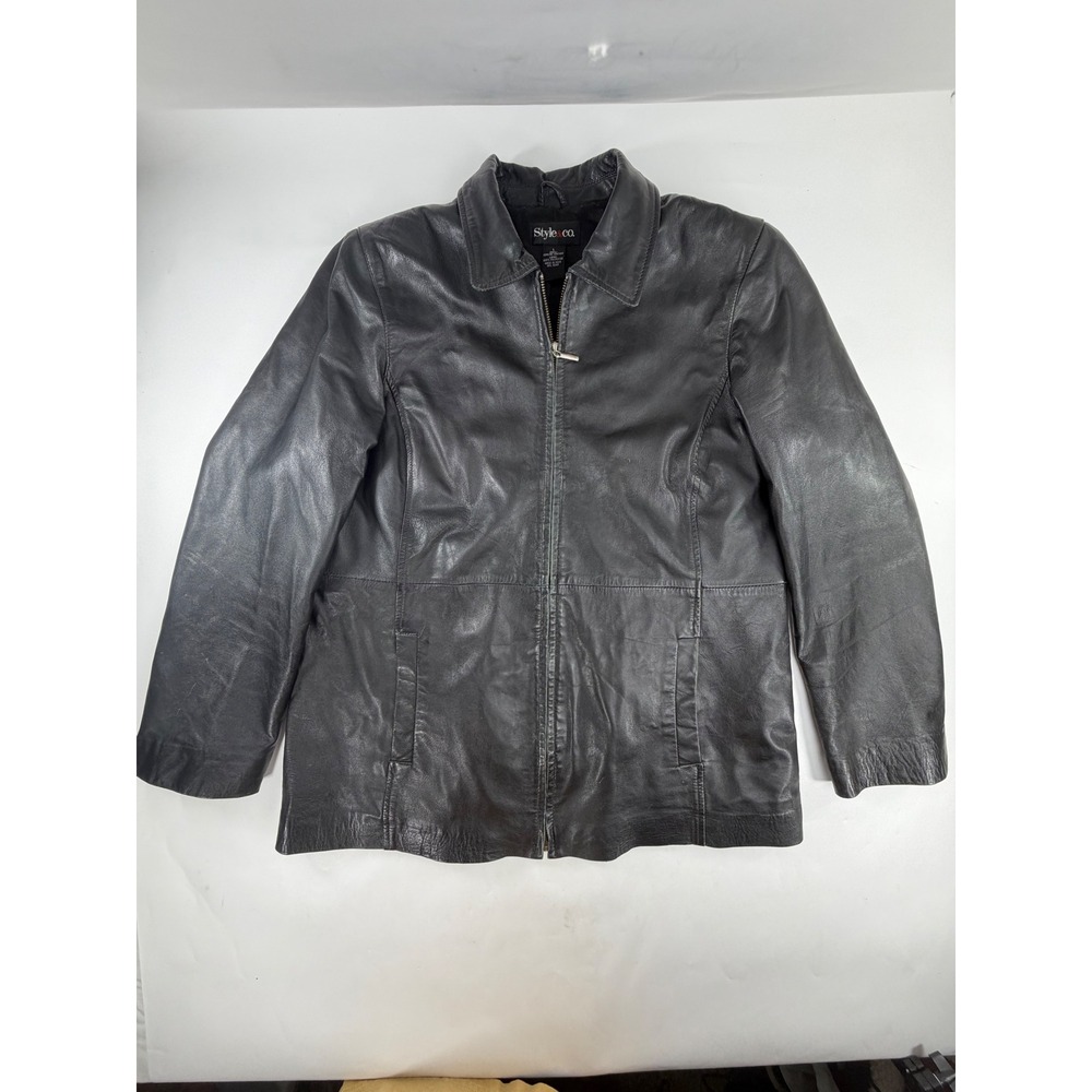 Style & Co Womens Black Genuine Leather Full Zip Jacket Size L WPL 8046